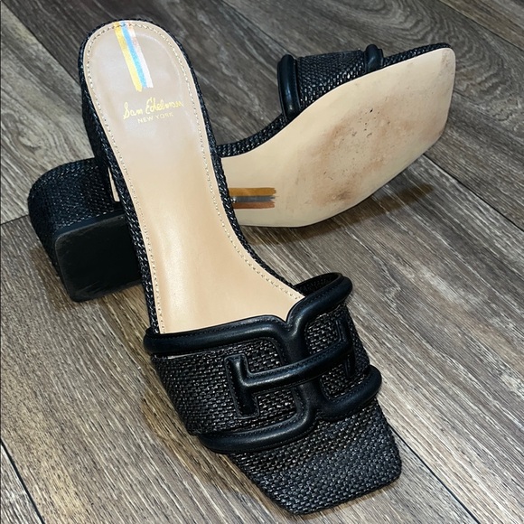 GU Sam Edelman Waylon Leather and Raffia Double E Detail Slide Sandals 9 - Picture 8 of 13